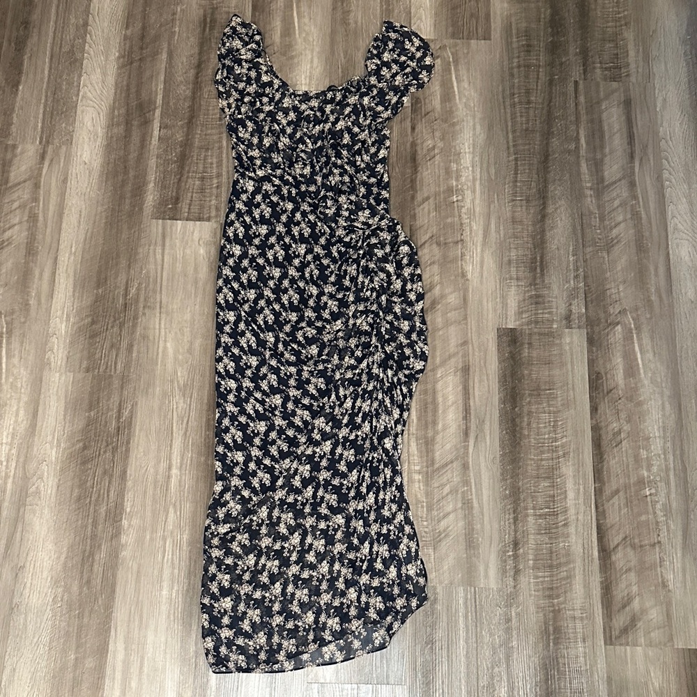 Self Floral Navy and Cream Ruche Sleeveless Maxi Dress - Medium